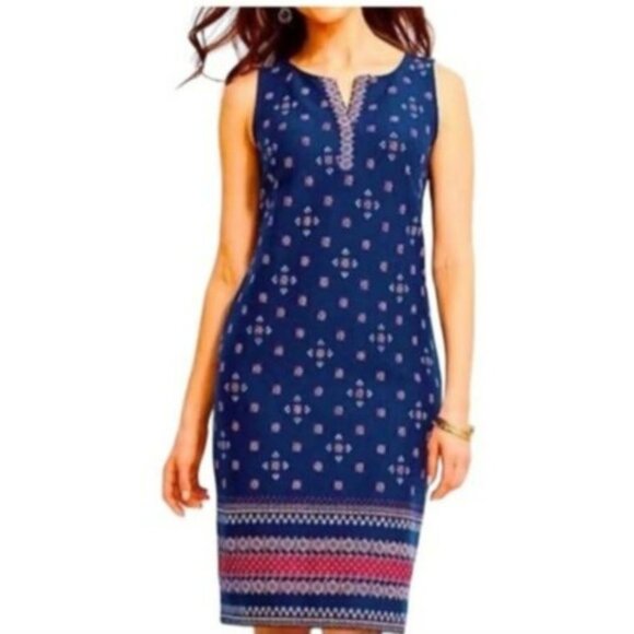 Talbots Sheath Dress XSP Foulard Print Sleeveless Cotton Navy Blue Red Casual - Picture 1 of 11